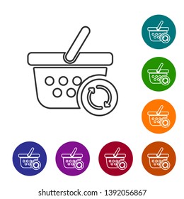 Grey Refresh shopping basket line icon on white background. Online buying concept. Delivery service sign. Update supermarket basket symbol. Set icon in color circle buttons. Vector Illustration