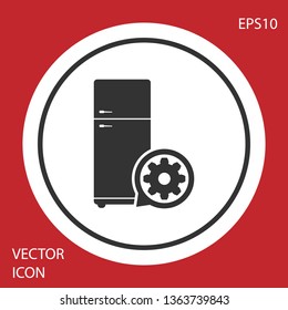 Grey Refrigerator and gear icon isolated on red background. Adjusting app, service concept, setting options, maintenance, repair, fixing. White circle button. Vector Illustration