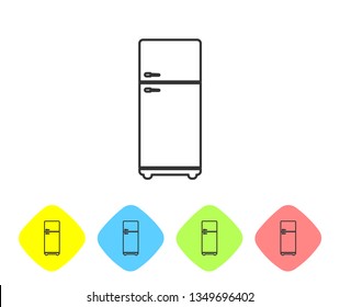 Grey Refrigerator line icon isolated on white background. Fridge freezer refrigerator. Household tech and appliances. Set icon in color rhombus buttons. Vector Illustration