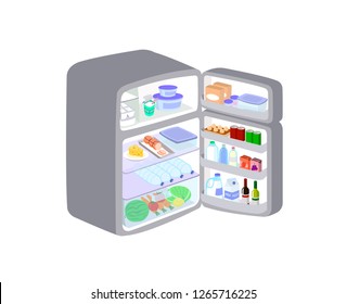 Grey refrigerator was opened the door isolated on white background. Refrigerator keeps fruits and food to maintain freshness.