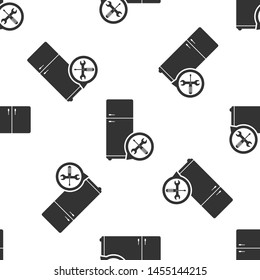 Grey Refrigerator with screwdriver and wrench icon isolated seamless pattern on white background. Adjusting, service, setting, maintenance, repair, fixing.  Vector Illustration