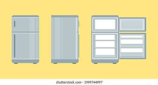 Grey refrigerators front, side and open door on yellow background flat vector icon.