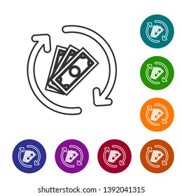 Grey Refund money line icon on white background. Financial services, cash back concept, money refund, return on investment, savings account. Set icon in color circle buttons. Vector Illustration