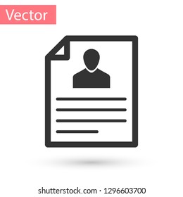 Grey Resume icon isolated on white background. CV application. Searching professional staff. Analyzing personnel resume. Vector Illustration