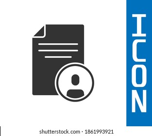 Grey Resume icon isolated on white background. CV application. Searching professional staff. Analyzing personnel resume.  Vector