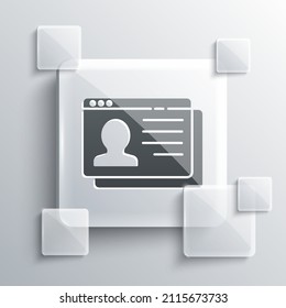 Grey Resume icon isolated on grey background. CV application. Searching professional staff. Analyzing personnel resume. Square glass panels. Vector