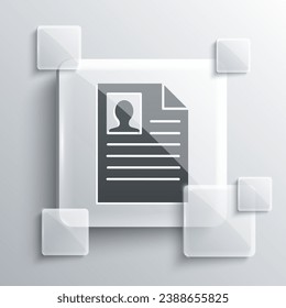 Grey Resume icon isolated on grey background. CV application. Searching professional staff. Analyzing personnel resume. Square glass panels. Vector Illustration