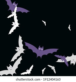 Grey Retro Black Violet Night Bats Vector Illustration. Eyes Attack Scary Purple Halloween Modern Design. White Creepy Print Sky Art Flying Bats Fabrics. Spooky Colorful Gothic Motion Background.