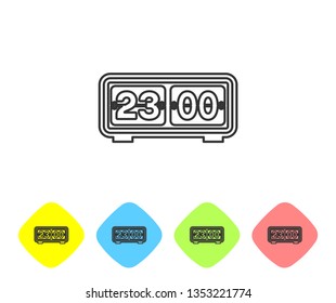Grey Retro flip clock line icon isolated on white background. Wall flap clock, number counter template, all digits with flips. Set icon in color rhombus buttons. Vector Illustration