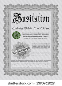 Grey Retro invitation. With complex linear background. Beauty design. Detailed. 