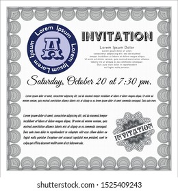 Grey Retro invitation. Detailed. With linear background. Artistry design. 