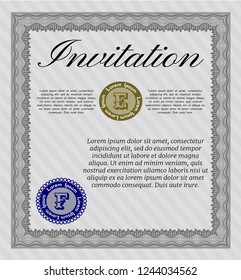 Grey Retro invitation template. With complex linear background. Nice design. Detailed. 