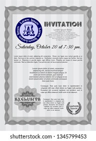 Grey Retro invitation template. With complex linear background. Detailed. Cordial design. 