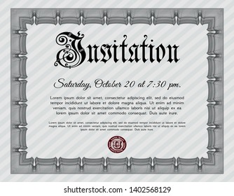 Grey Retro invitation template. Customizable, Easy to edit and change colors. With guilloche pattern and background. Artistry design. 