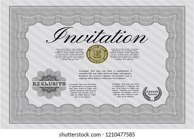 Grey Retro invitation template. Money style design. Vector illustration. With great quality guilloche pattern. 