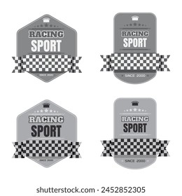 Grey retro race logo for racing and sports designs. Checkeres patters flags with sample text