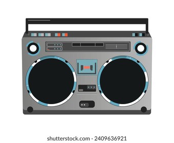 Grey retro record player. Silver boombox