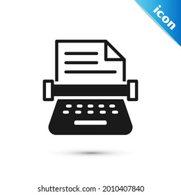 Graue Retro-Schreibmaschine und Symbol auf dem Papier einzeln auf weißem Hintergrund.  Vektorgrafik