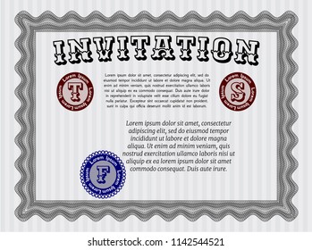 Grey Retro vintage invitation. With complex linear background. Vector illustration. Cordial design. 