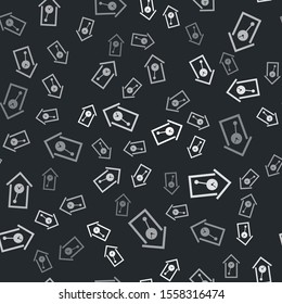 Grey Retro wall watch icon isolated seamless pattern on black background. Cuckoo clock sign. Antique pendulum clock.  Vector Illustration