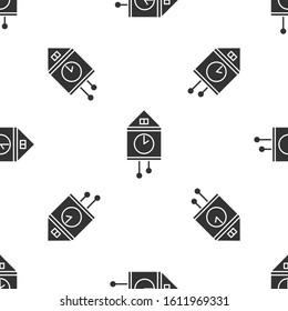 Grey Retro wall watch icon isolated seamless pattern on white background. Cuckoo clock sign. Antique pendulum clock.  Vector Illustration