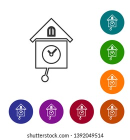 Grey Retro wall watch line icon on white background. Cuckoo clock sign. Antique pendulum clock. Set icon in color circle buttons. Vector Illustration