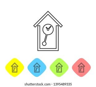 Grey Retro wall watch line icon on white background. Cuckoo clock sign. Antique pendulum clock. Set icon in color rhombus buttons. Vector Illustration