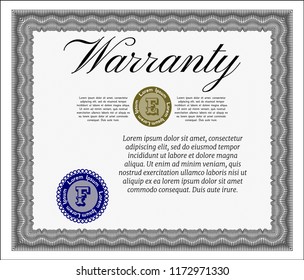 Grey Retro Warranty Certificate template. Detailed. With complex linear background. Elegant design. 
