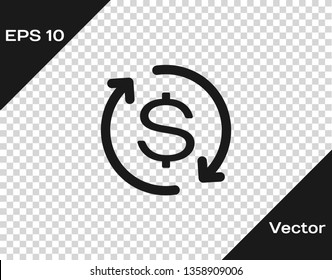 Grey Return of investment icon isolated on transparent background. Money convert icon. Refund sign. Dollar converter concept. Vector Illustration
