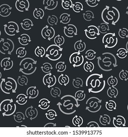 Grey Return of investment icon isolated seamless pattern on black background. Money convert icon. Refund sign. Dollar converter concept.  Vector Illustration