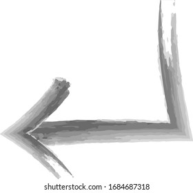 Grey reverse, back, down and left arrow painted paint brush drawn arrow icon sketched as vector symbol.	