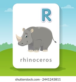 A grey rhinoceros in a flat cartoon style is a happy friendly rhinoceros. A wild animal. Isolated cute children's illustration on a white background. Vector