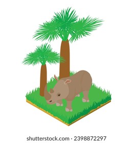 Grey rhinoceros icon isometric vector. Rhinoceros animal standing in green grass. Fauna, wildlife, environmental protection