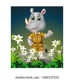 Grey Rhinoceros On the Rock With White Flower Cartoon
