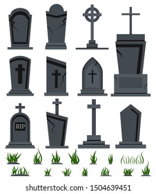 Grey RIP grave tombstone set with green grass for halloween design isolated on white background. Different old tomb gravestone with crack cemetery collection. Vector flat cartoon style illustration. 