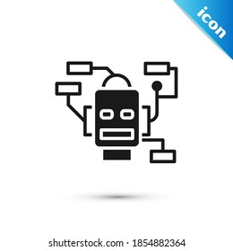 Graues Robotersymbol einzeln auf weißem Hintergrund. Künstliche Intelligenz, maschinelles Lernen, Cloud-Computing.  Vektorgrafik