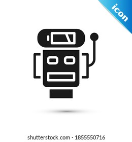 Icono de carga de batería baja de Robot gris aislado en fondo blanco. Inteligencia artificial, aprendizaje automático, computación en la nube.  Vector