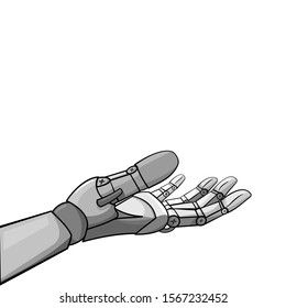 Grey robotics right hand illustrator vector turn around on white background. Future of technology in industry or science is used by robot and AI systems. Empty spacing for insert word or object.