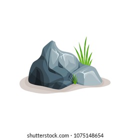 Grey Rock Stone With Grass, Design Element Of Natural Landscape Vector Illustration On A White Background