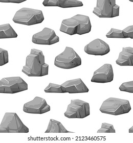 Grey rock stones and boulders, rubble gravel and cobble, vector seamless pattern background. Cartoon gray stones or debris of rubble blocks, granite rock pebbles and cracked mountain gravels pattern