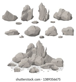 Grey Rock Stones Different Shapes Set Natural Mineral Element Solid and Heavy. Vector illustration of Flagstone Rocky Boulders