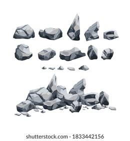 Grey rock stones set. Isolated solid heavy boulder icons and big granite pile. Natural rough stones vector illustration