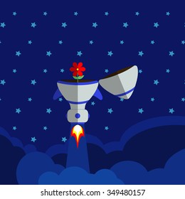 grey rocket with red flower blossom inside takes off through blue cloud star sky