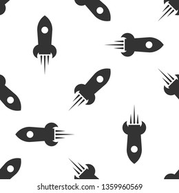 Grey Rocket ship with fire icon isolated seamless pattern on white background. Space travel. Vector Illustration