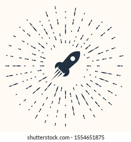 Grey Rocket ship with fire icon isolated on beige background. Space travel. Abstract circle random dots. Vector Illustration