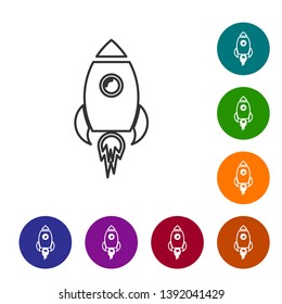 Grey Rocket ship with fire line icon isolated on white background. Space travel. Set icon in color circle buttons. Vector Illustration