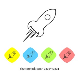 Grey Rocket ship with fire line icon isolated on white background. Space travel. Set icon in color rhombus buttons. Vector Illustration