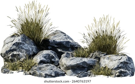 Grey rocks and grassy growth vector composition cutout on transparent background, nature scene, landscape, outdoor elements, rocky terrain, grass, nature design
