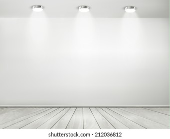 Grey room spotlights and wooden floor. Showroom concept. Vector.