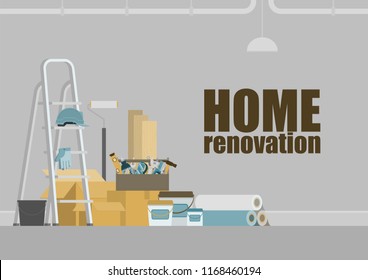 Grey room with stepladder, toolbox, construction materials, hanging pipe and lamp, for home renovation concept